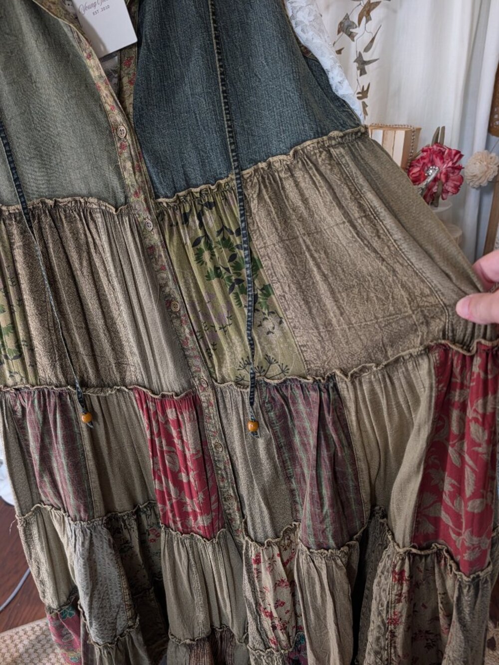 Boho Patchwork Tiered Button-Front Maxi Dress / Duster-GRAVEL(NEW COLOR) - Picture 6 of 6